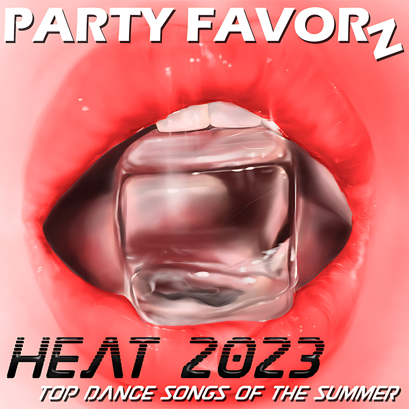 Dark melon woman's lips with an ice cube between her teeth for the cover art of HEAT 2023 featuring the top dance songs of summer