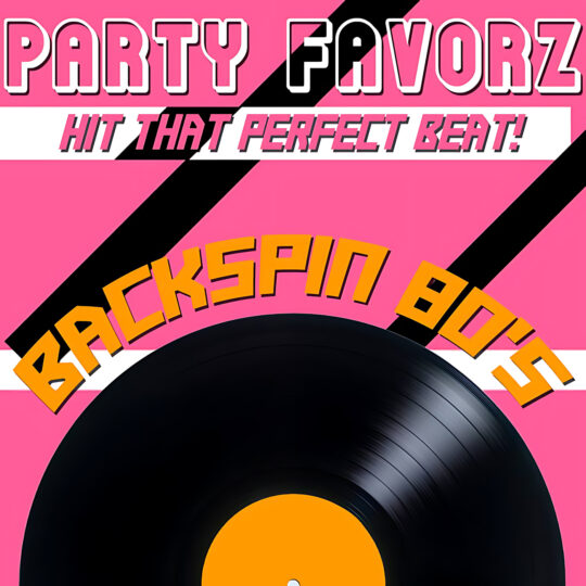 Bright pink background with diagonal black stripes, large white-and-pink retro.