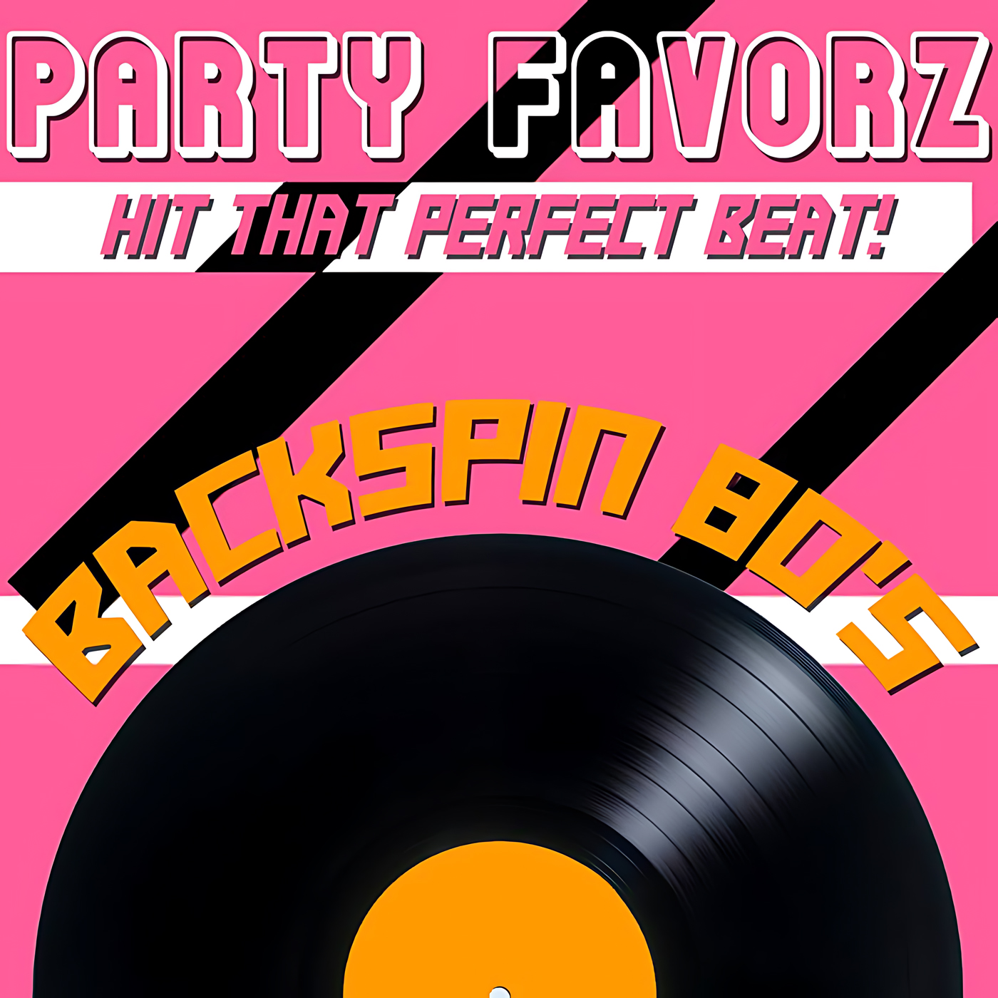 Bright pink background with diagonal black stripes, large white-and-pink retro.