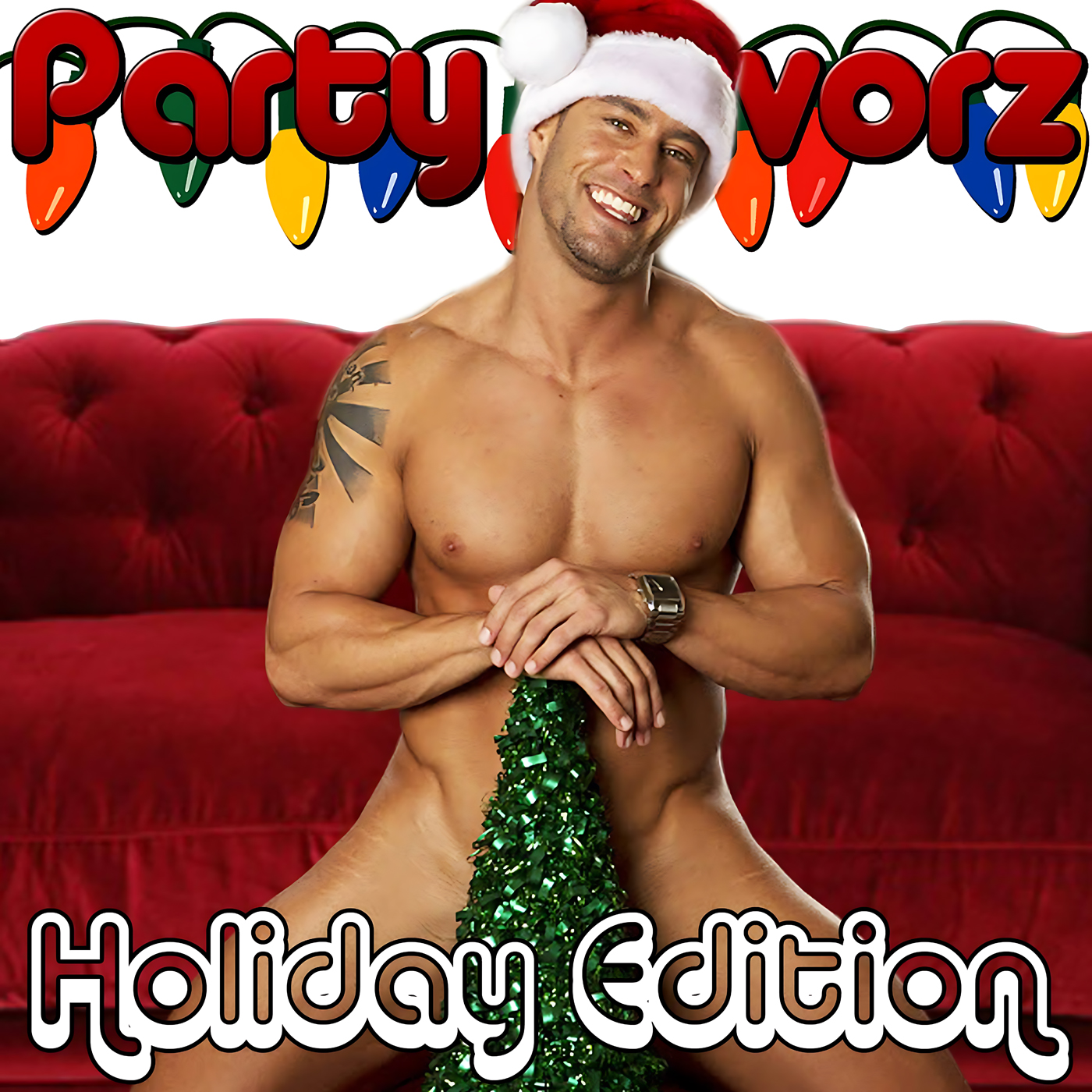 A smiling shirtless man wearing a Santa hat sits on a red tufted velvet couch, hands clasped over a cone of green tinsel that covers his groin, with oversized “Party Favorz” lettering and multicolored holiday lights above, artwork for Party Favorz episode “Circuit Anthems: Holiday Edition 2013 (Club & Diva Mix)”.