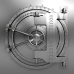 A close-up, grayscale metallic vault door with a central spoked wheel, locking bars and rivets, embossed curved text reading 'PARTYFAVORZ' and vertical letters spelling 'HOUSE CLASSICS', plus a smaller rim inscription 'LET'S GET BUSY,' artwork for the Party Favorz episode 'House Classics: Millennial House Music Classics Vol. 1 (2014)'.