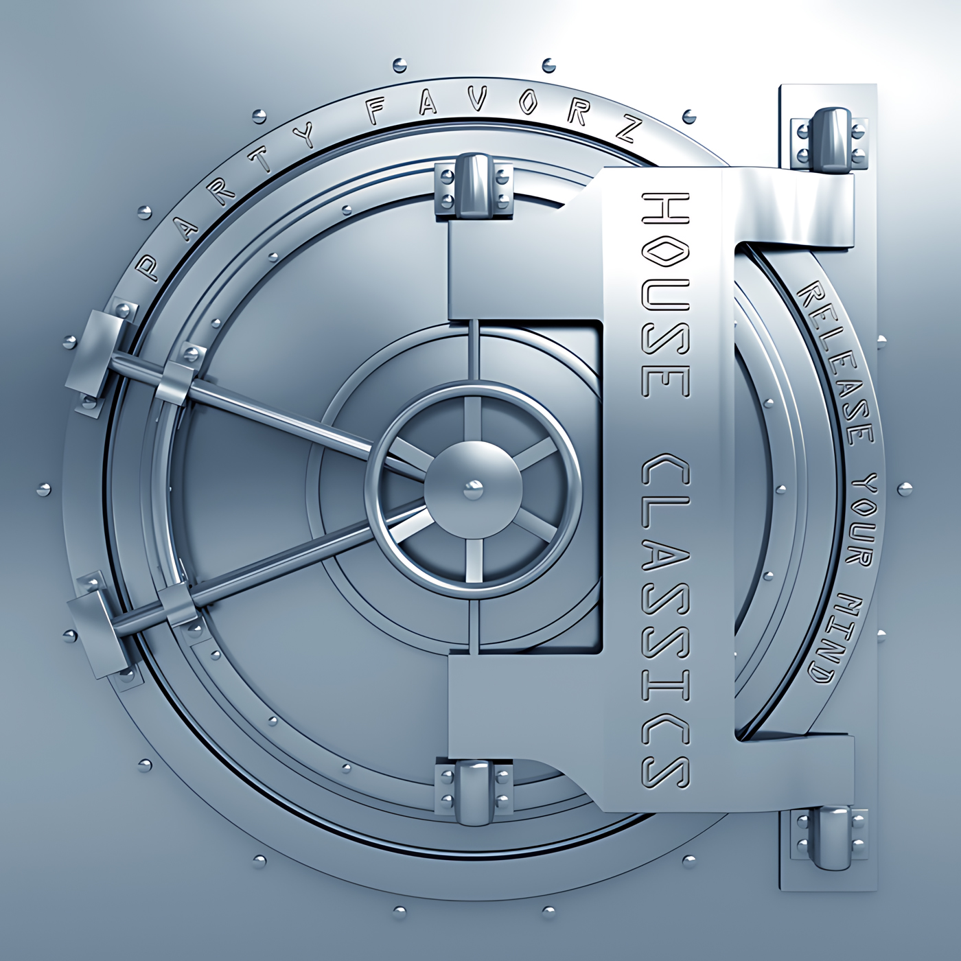A stylized metallic vault door fills the frame with a central spoked wheel, heavy bolted rings and hinged plates in cool blue‑silver tones, embossed with rim lettering that includes PARTYFAVORZ and a vertical plaque reading HOUSE CLASSICS, artwork for the Party Favorz episode 'House Classics: Millennial House Music Classics Vol. 3 (2014)'.