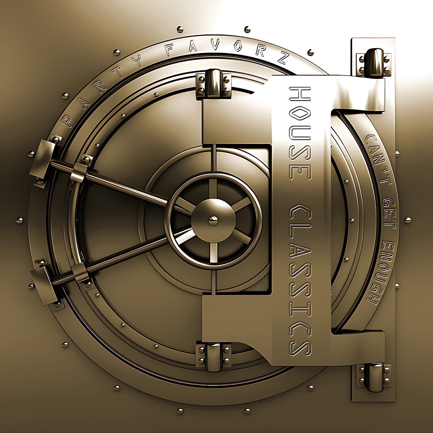 A close-up of a large metallic gold vault door with circular wheel handle, heavy bolts and radial locking bars, embossed labels including PARTYFAVORZ along the rim and HOUSE CLASSICS on a vertical plate, set against a smooth gold background, artwork for the Party Favorz episode House Classics: Millennial House Music Classics Vol 5 (2014).