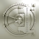 A close-up of a round, metallic vault door with central wheel handle, radial locking bars and rivets, embossed lettering reading PARTYFAVORZ around the rim, vertical text HOUSE CLASSICS and MOVIN' TOO FAST on the inner ring, rendered in pale gold tones for Party Favorz episode 00s House Music Classics Vol 6: Movin' Too Fast (2014).