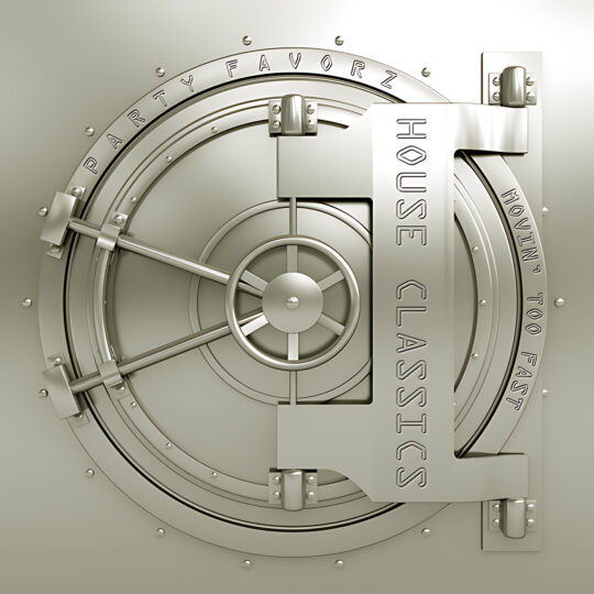 A close-up of a round, metallic vault door with central wheel handle, radial locking bars and rivets, embossed lettering reading PARTYFAVORZ around the rim, vertical text HOUSE CLASSICS and MOVIN' TOO FAST on the inner ring, rendered in pale gold tones for Party Favorz episode 00s House Music Classics Vol 6: Movin' Too Fast (2014).