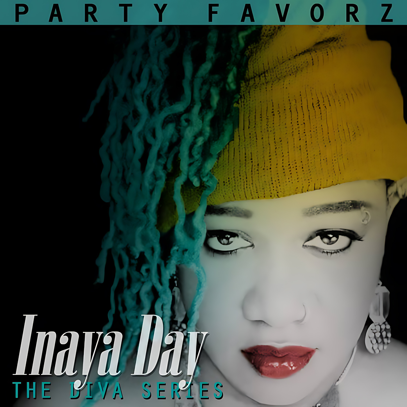 Close-up portrait of a stylized face filling the right side of the frame, pale skin, bold red lips, heavy eyeliner, a yellow headwrap and turquoise dreadlocks cascading left against a black background, serif text at lower left; artwork for the Party Favorz episode 'Diva Hall of Fame: Inaya Day (2017) Circuit & House Mix'.
