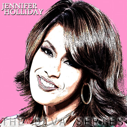 A close-up, stylized portrait of a smiling person with layered dark brown hair, heavy eye makeup and a large gold hoop earring, head slightly tilted against a solid bright pink background with bold white name text in the top left, artwork for the Party Favorz episode "Circuit House Diva: Jennifer Holliday, Diva Series 2014.