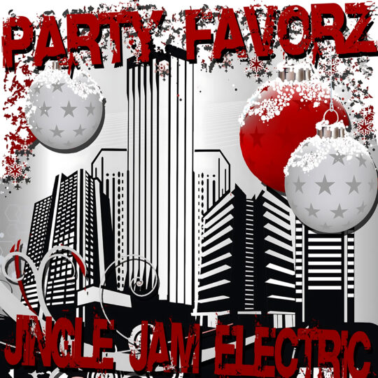 Bold red, distressed text reading PARTY FAVORZ spans the top over a stylized black-and-white downtown skyline with a tall central skyscraper, while large red and silver Christmas baubles dusted with snowflakes hang in the foreground amid scattered paint-splatter accents — artwork for the Party Favorz episode “Electro House: Jingle Electric 2012 Vol.