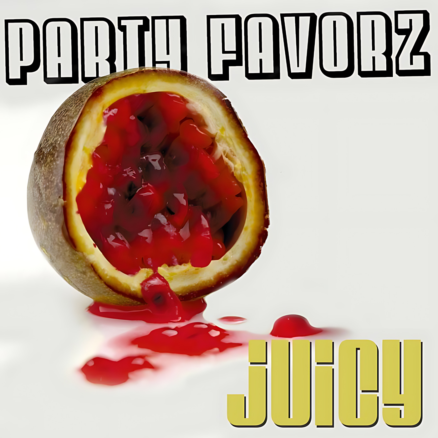 A halved fruit with brown skin and bright yellow rind spills glossy red seeds and syrup onto a white surface, large black-outlined block letters reading PARTY FAVORZ fill the top, and bold yellow word JUICY sits at the lower corner, artwork for the Party Favorz episode “EDM Club Fusion 2015: Juicy One-Take Mix: Electro & Progressive.”.