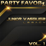 Dark layered background with dotted texture, diagonal glossy gold bands and lens flares framing bold metallic gold type reading PARTY FAVORZ at top, JUNIOR VASQUEZ LEGACY in center and VOL. 1 at bottom, artwork for the Party Favorz episode House Music Legacy: Junior Vasquez Volume 1 (2020).