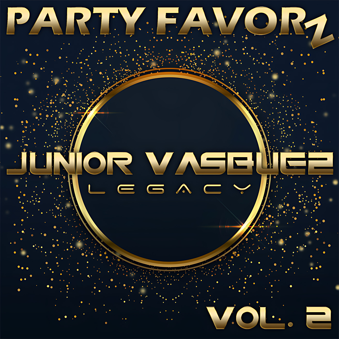 Dark navy background with a large metallic gold ring, scattered gold confetti, bold shiny gold lettering reading JUNIOR VASQUEZ with smaller LEGACY beneath, PARTY FAVORZ at the top and VOL. 2 at lower right; artwork for the Party Favorz episode 'Legacy Dance Tribute: Junior Vasquez Legacy of a Living Legend Vol. 2 (2020).