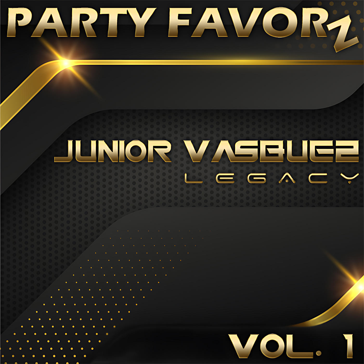 Dark layered background with dotted texture, diagonal glossy gold bands and lens flares framing bold metallic gold type reading PARTY FAVORZ at top, JUNIOR VASQUEZ LEGACY in center and VOL. 1 at bottom, artwork for the Party Favorz episode House Music Legacy: Junior Vasquez Volume 1 (2020).