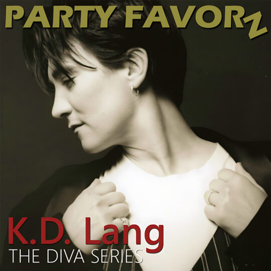 Close-up black-and-white portrait of a short-haired person in profile looking left, hands gripping the lapels of a dark jacket over a white shirt, small hoop earring visible and a dark background with large olive-green text across the top and red lettering at the lower left, artwork for the Party Favorz episode “Diva Hall of Fame: K.D. Lang (2020 H.