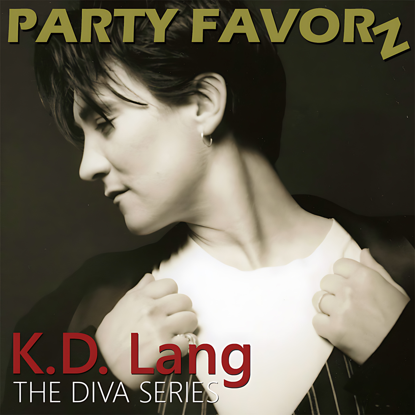 Close-up black-and-white portrait of a short-haired person in profile looking left, hands gripping the lapels of a dark jacket over a white shirt, small hoop earring visible and a dark background with large olive-green text across the top and red lettering at the lower left, artwork for the Party Favorz episode “Diva Hall of Fame: K.D. Lang (2020 H.