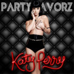 A dark-haired woman with blunt bangs covers her chest with one hand while wearing high-waisted black shorts, laced corset details and cross jewelry, posed against a padded black quilted background with large white logo text above and neon red script across her legs; artwork for the Party Favorz episode "Diva Hall of Fame: Katy Perry (2013)".
