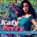 A stylized cover shows a woman with long, dark purple waves, red lipstick, winged liner and a teal off-the-shoulder dress with one hand on her chest, set against a densely patterned neon paisley background with large pink text reading “Katy Perry” and lime-green “Party Favorz,” artwork for the Party Favorz episode “Dance-Club Tribute: Katy Perry 20.
