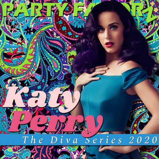 A stylized cover shows a woman with long, dark purple waves, red lipstick, winged liner and a teal off-the-shoulder dress with one hand on her chest, set against a densely patterned neon paisley background with large pink text reading “Katy Perry” and lime-green “Party Favorz,” artwork for the Party Favorz episode “Dance-Club Tribute: Katy Perry 20.