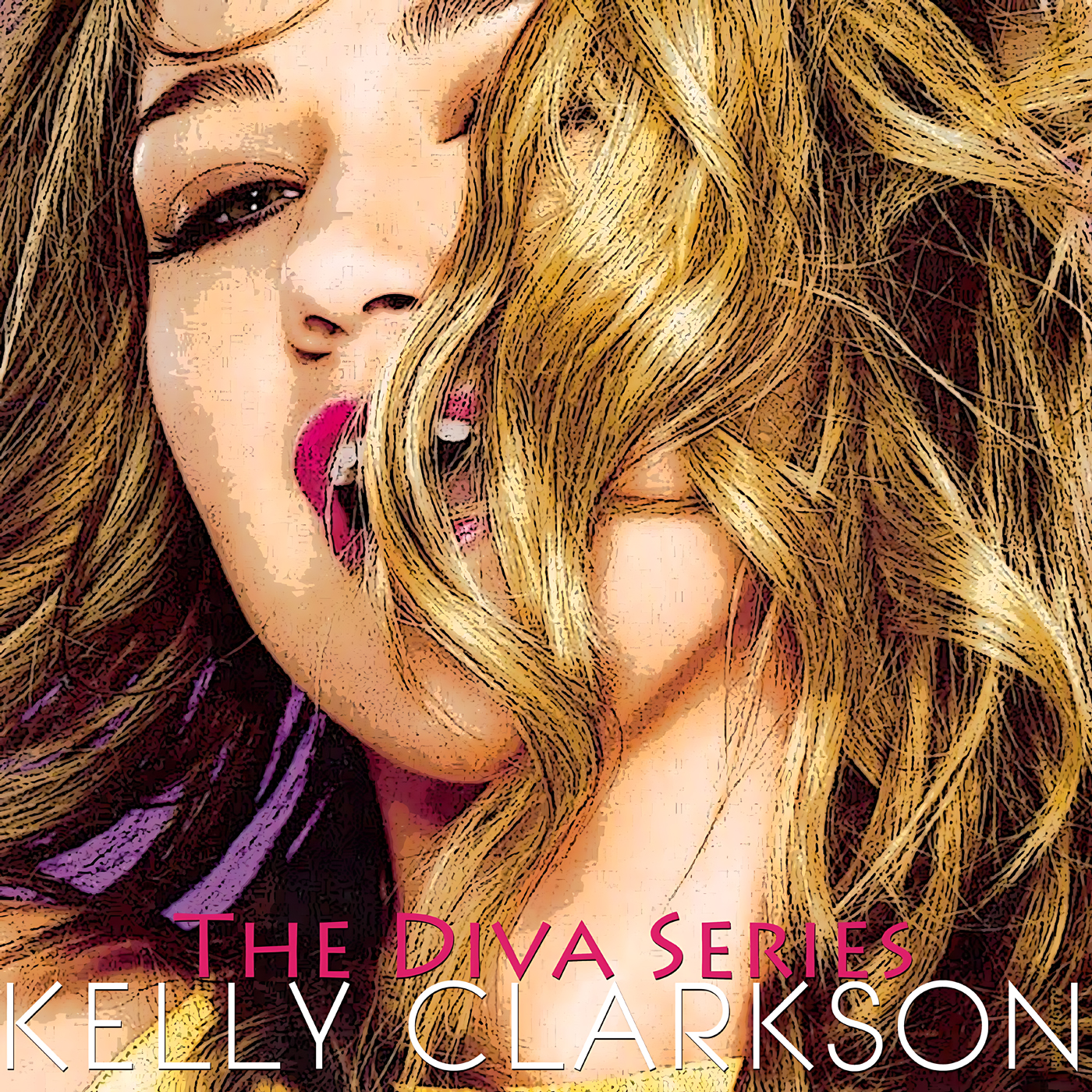 Close-up, posterized portrait of a woman with long, wavy blonde hair partially covering her face, one eye visible and lips painted bright pink, warm golden tones and textured lines, with bold text at the bottom identifying the episode for the Party Favorz episode “EDM Diva Series: Kelly Clarkson, Diva Hall of Fame 2013.”.