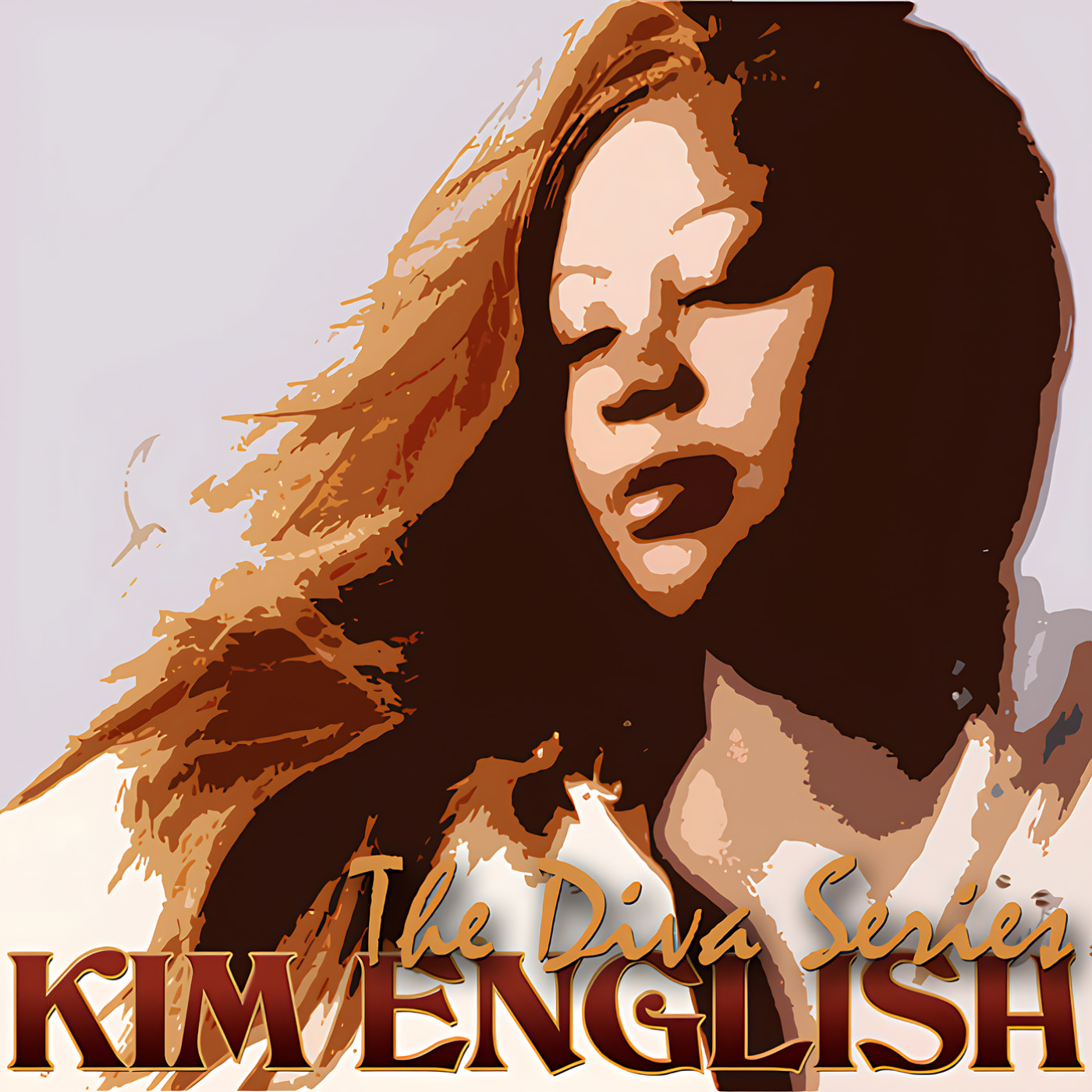 A stylized, poster-like portrait shows a woman with eyes closed and long flowing hair rendered in warm browns, tans and cream tones, with large ornate lettering at the bottom reading KIM ENGLISH and cursive “The Diva Series” above it, artwork for the Party Favorz episode “Soulful House 2010 Volume 1: Kim English The Diva Series”.