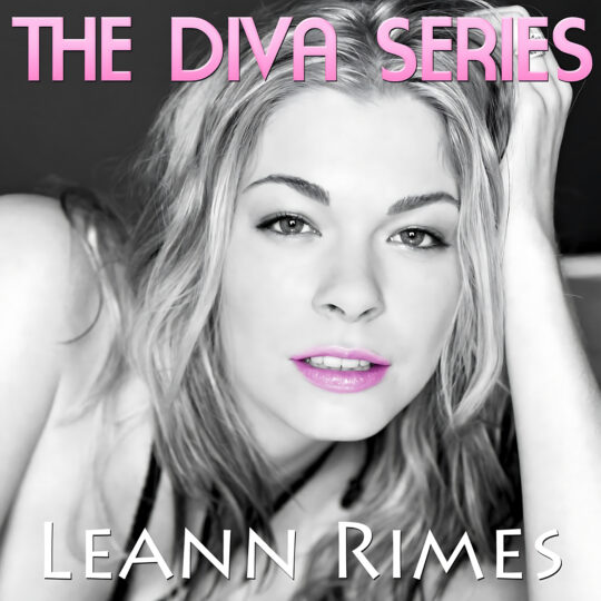 Close-up black-and-white portrait of a woman with tousled light hair, propped on one hand and gazing at the camera, with selectively colored bright pink lips, large pink text reading “THE DIVA SERIES” at the top and her name at bottom, artwork for the Party Favorz episode Dance Diva Series 2013: Leann Rimes (Diva Hall of Fame).