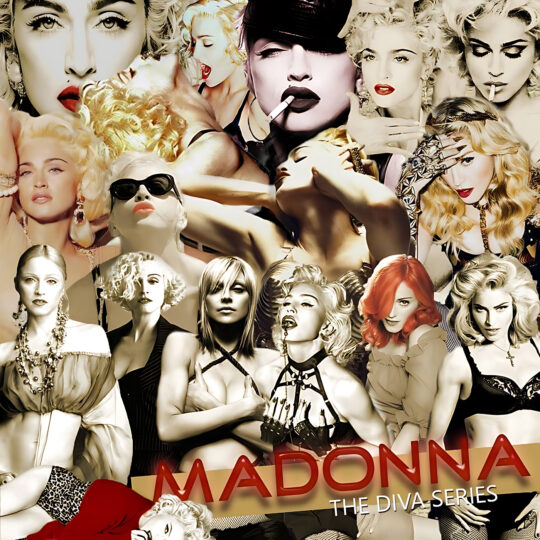 A dense collage of stylized, mostly blonde women in vintage and modern poses—some with red lips, sunglasses, cigarettes, jeweled accessories and exposed shoulders—over warm beige and gold tones and large red block text at the bottom reading MADONNA; artwork for the Party Favorz episode 'Circuit & Tribal: Madonna's Birthday Celebration 2k16'.