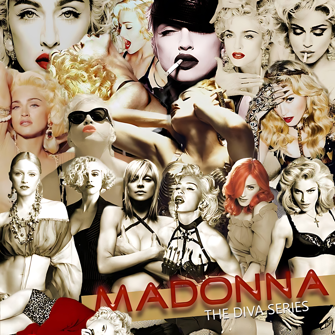 A dense collage of stylized, mostly blonde women in vintage and modern poses—some with red lips, sunglasses, cigarettes, jeweled accessories and exposed shoulders—over warm beige and gold tones and large red block text at the bottom reading MADONNA; artwork for the Party Favorz episode 'Circuit & Tribal: Madonna's Birthday Celebration 2k16'.