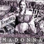 Madonna: 25 Years of SEX | The Diva Series A high-contrast collage shows a slicked-back blonde woman in a sheer off-the-shoulder top and layered necklaces exposing her midriff, set against torn newspaper clippings, overlapping handwritten and printed typography, a large butterfly at lower right and ornate lettering; artwork for the Party Favorz episode “Diva Series: Madonna: 25 Years of SEX.