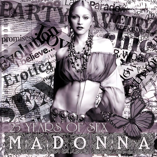 A high-contrast collage shows a slicked-back blonde woman in a sheer off-the-shoulder top and layered necklaces exposing her midriff, set against torn newspaper clippings, overlapping handwritten and printed typography, a large butterfly at lower right and ornate lettering; artwork for the Party Favorz episode “Diva Series: Madonna: 25 Years of SEX.
