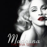A high-contrast black-and-white close-up shows a glamorously styled woman with waved platinum hair, red lips, jeweled earrings and a cross necklace, her face half-turned toward a mirror reflection; artwork for the Party Favorz episode "Diva Hall of Fame: Madonna Celebration 2013 (The Diva Series).