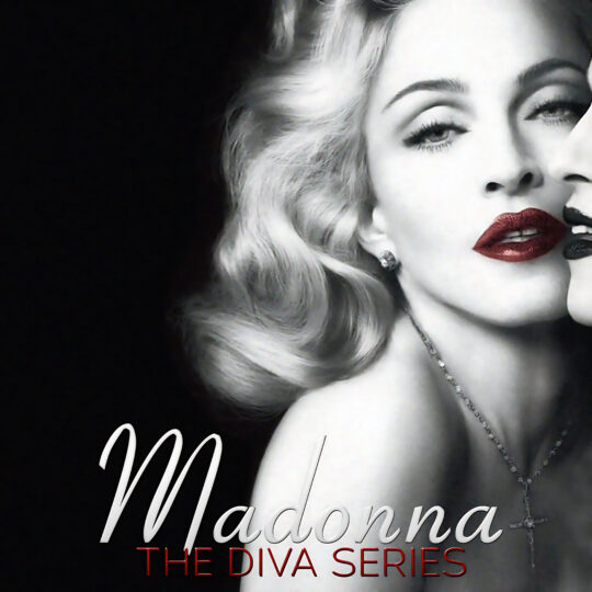 A high-contrast black-and-white close-up shows a glamorously styled woman with waved platinum hair, red lips, jeweled earrings and a cross necklace, her face half-turned toward a mirror reflection; artwork for the Party Favorz episode "Diva Hall of Fame: Madonna Celebration 2013 (The Diva Series).