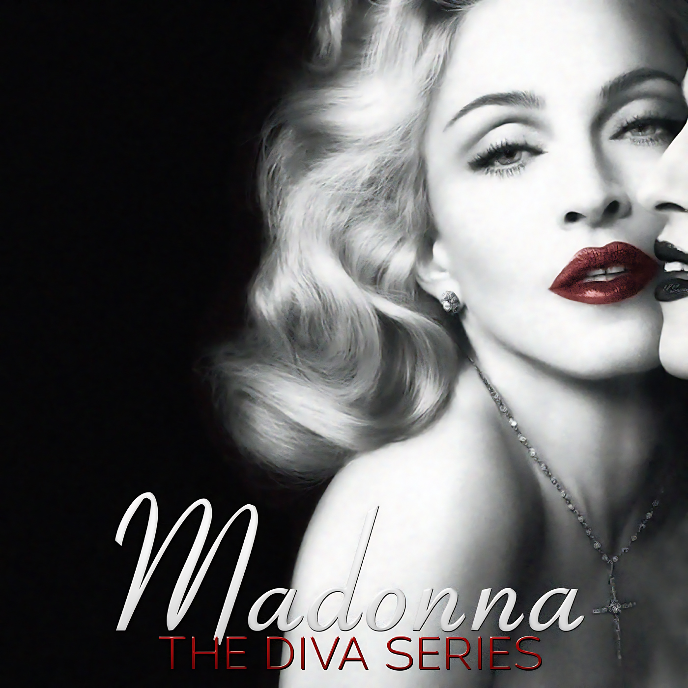 A high-contrast black-and-white close-up shows a glamorously styled woman with waved platinum hair, red lips, jeweled earrings and a cross necklace, her face half-turned toward a mirror reflection; artwork for the Party Favorz episode "Diva Hall of Fame: Madonna Celebration 2013 (The Diva Series).