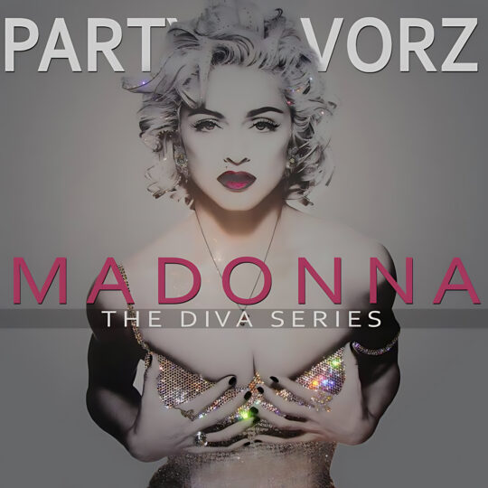 A stylized, high-contrast portrait of a woman with short platinum curls, dark arched brows, a beauty mark and bold red lips holding a sparkling sequined bra to her chest, set against a pale gray background with large white and pink text; artwork for the Party Favorz episode “Diva Series: Madonna Birthday Celebration 2017.”.