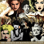 A high-contrast collage of stylized female performer portraits in various poses—singing, posed, and gesturing—with bold makeup, red lips, neon green hair, and gold striped lettering across the center, layered against beige and black tones, artwork for the Party Favorz episode 'Diva Hall of Fame: Madonna, The Immaculate Bootleg Collection Vol. 1'.
