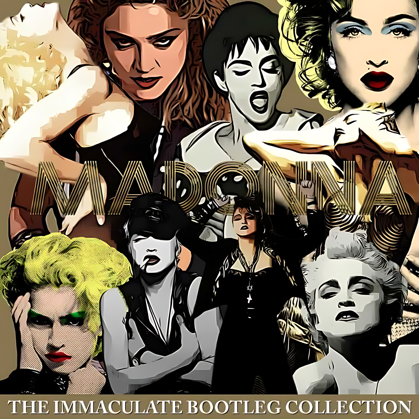 A high-contrast collage of stylized female performer portraits in various poses—singing, posed, and gesturing—with bold makeup, red lips, neon green hair, and gold striped lettering across the center, layered against beige and black tones, artwork for the Party Favorz episode 'Diva Hall of Fame: Madonna, The Immaculate Bootleg Collection Vol. 1'.