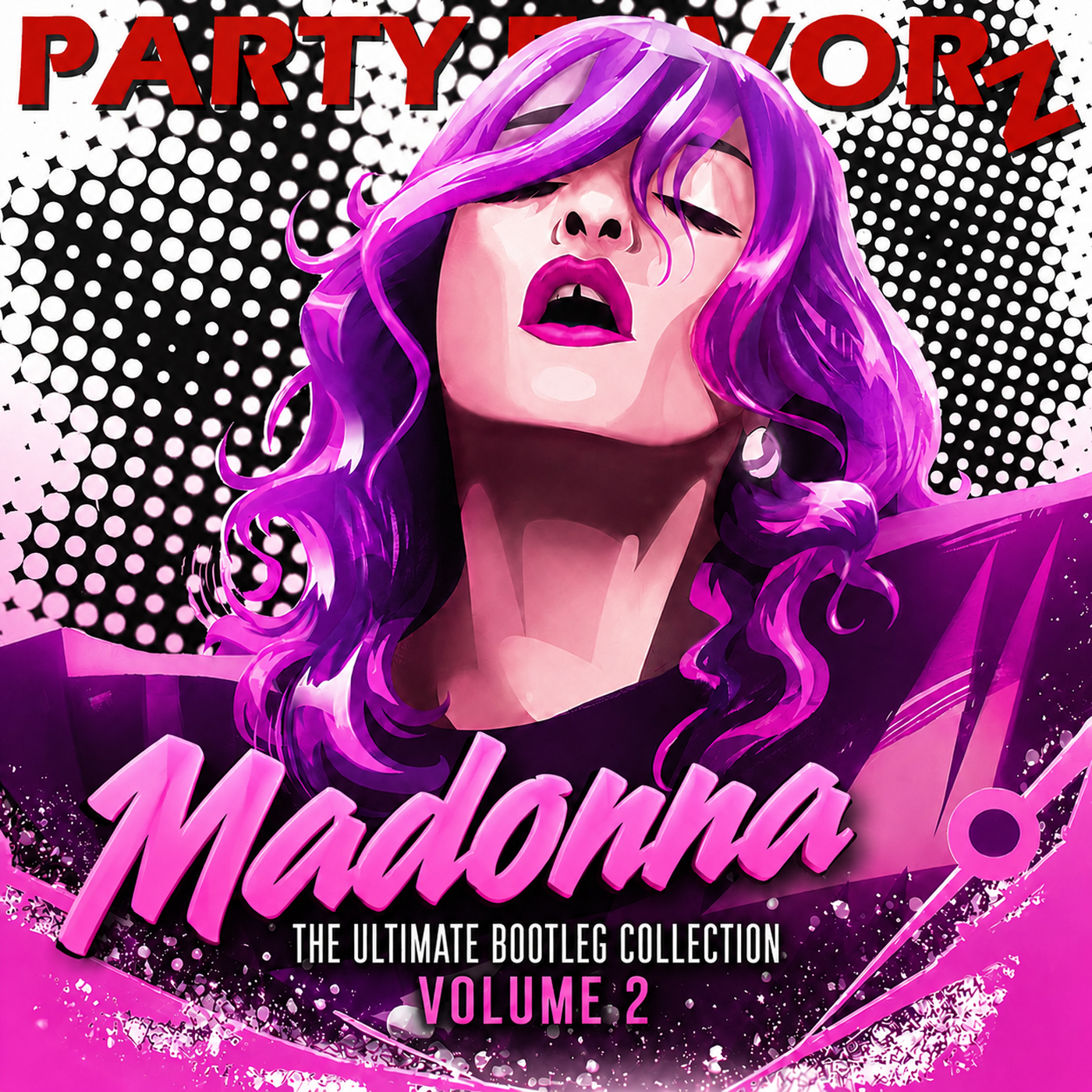 Party Favorz Madonna The Ultimate Bootleg Collection Volume 2 artwork featuring a vibrant purple and pink pop-art portrait with bold retro typography and halftone graphics.