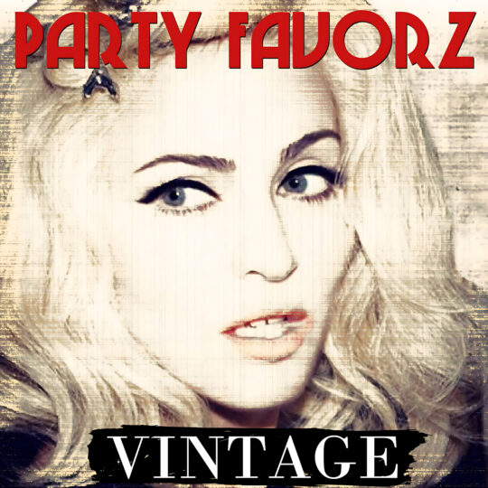 A high-contrast, distressed illustration of a pale woman’s face with heavy eyeliner, blue eyes, slightly parted red lips, and wavy platinum hair framed by bold red "PARTY FAVORZ" text at the top and black "VINTAGE" bar at bottom, artwork for the Party Favorz episode 'Diva Hall of Fame: Madonna Vintage Vol. I & II (2014).