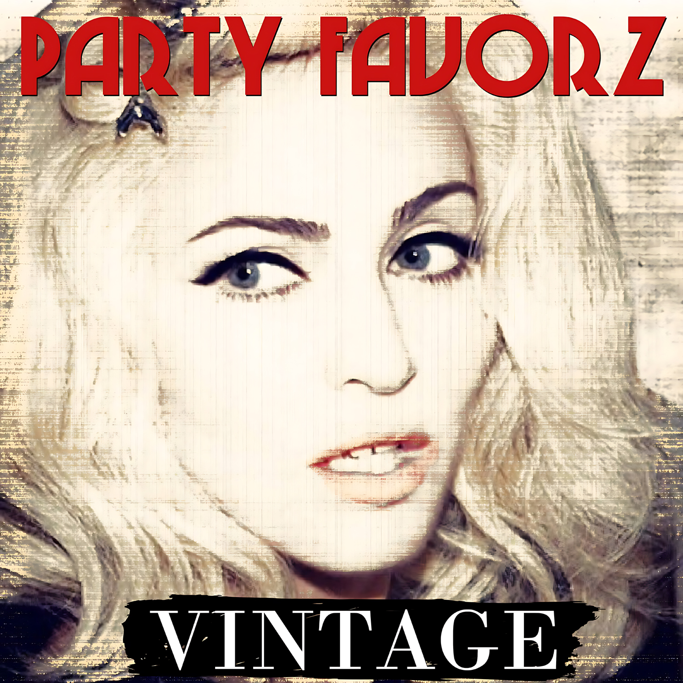 A high-contrast, distressed illustration of a pale woman’s face with heavy eyeliner, blue eyes, slightly parted red lips, and wavy platinum hair framed by bold red "PARTY FAVORZ" text at the top and black "VINTAGE" bar at bottom, artwork for the Party Favorz episode 'Diva Hall of Fame: Madonna Vintage Vol. I & II (2014).