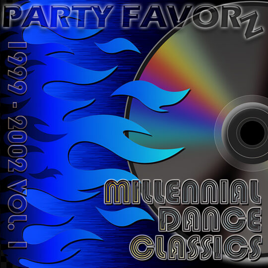 CD with rainbow colors and flames coming from the left in blue