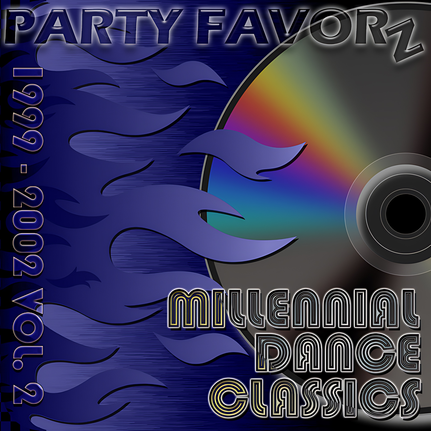 CD with rainbow colors and flames coming from the left in purple