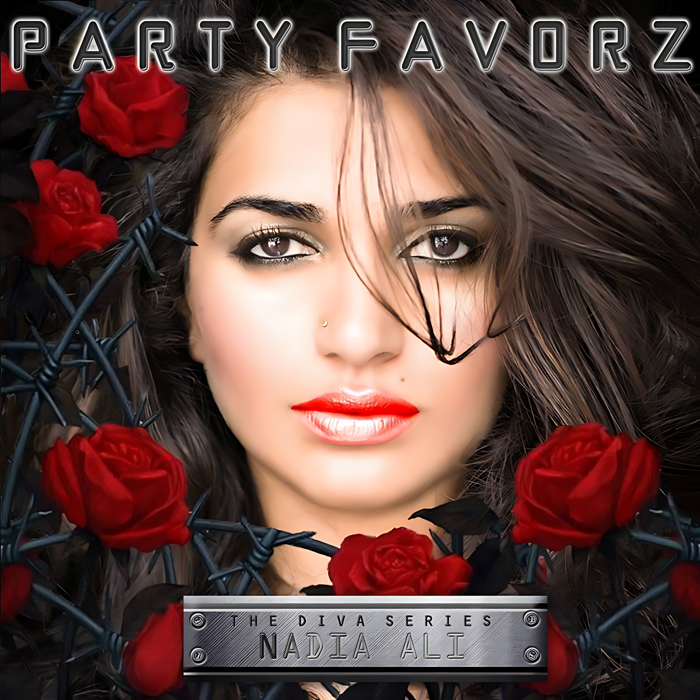 A close-up, airbrushed portrait of a woman with dark flowing hair, smoky eye makeup, a small nose stud and glossy red lips, framed by black barbed wire entwined with red roses, with a metallic header and plaque; artwork for the Party Favorz episode EDM Diva Hall of Fame: Nadia Ali, The Diva Series (2014).
