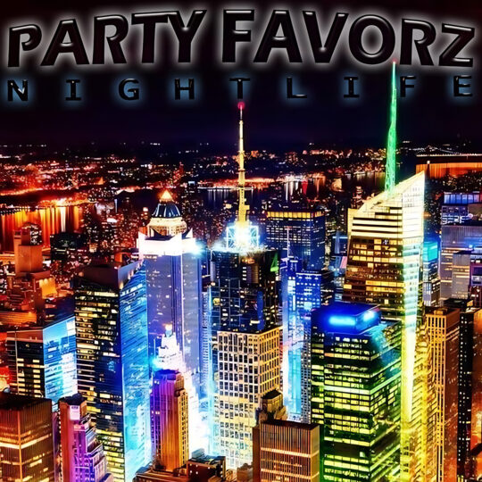 An aerial night cityscape of densely packed skyscrapers lit in neon blues, greens, pinks and gold with glowing spires and reflective windows, dominated by large embossed text reading PARTY FAVORZ and N I G H T L I F E — artwork for the Party Favorz episode 'Funky House Mix: Nitelife Disco & Funk Selections 2017'.