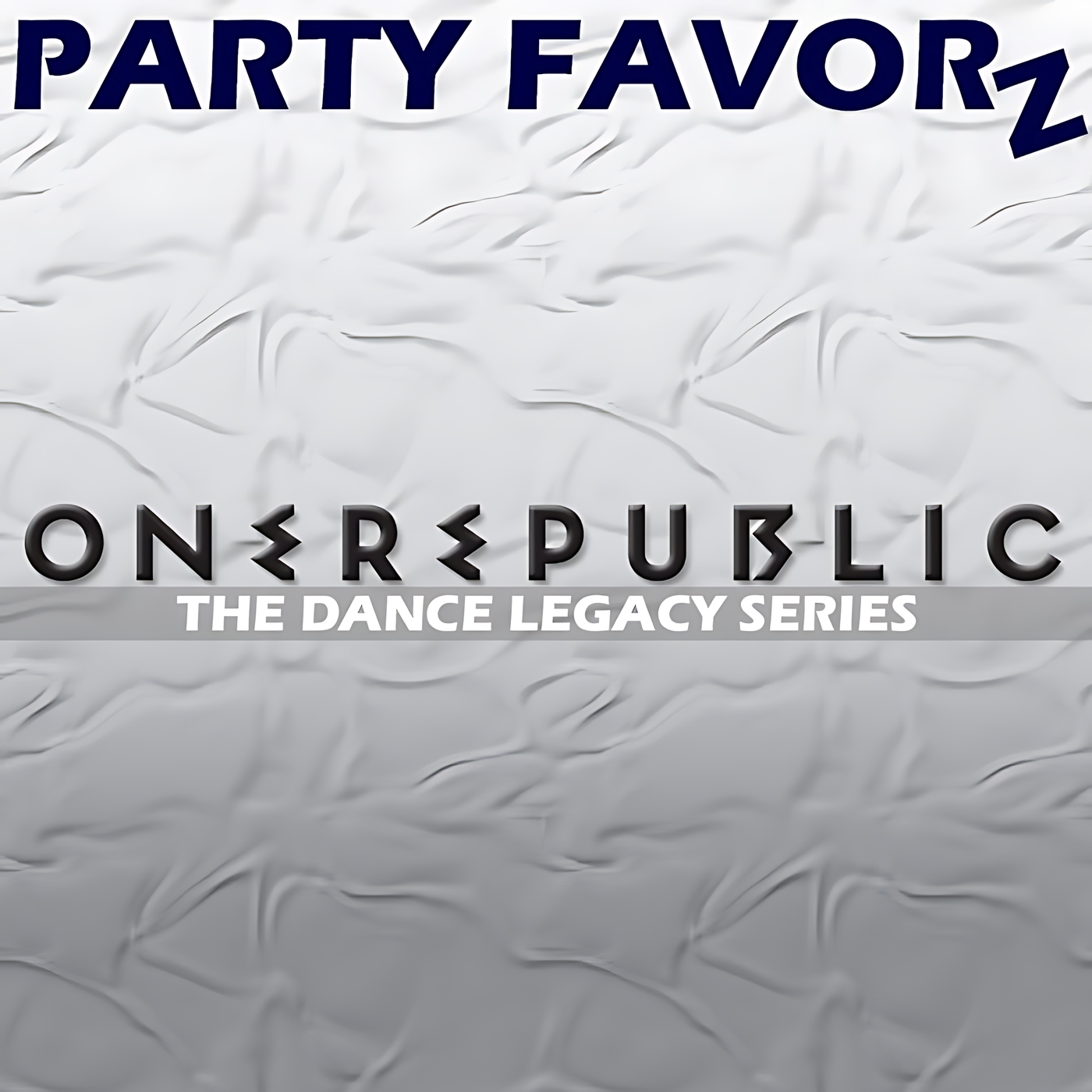A white, fabric-textured square shows the large navy word PARTY FAVORZ cropped along the top, a centered black, stylized ONEREPUBLIC logo above a gray horizontal band reading THE DANCE LEGACY SERIES in white, and serves as artwork for the Party Favorz episode "Legacy Dance Tribute: OneRepublic Dance Legacy Series 2019.