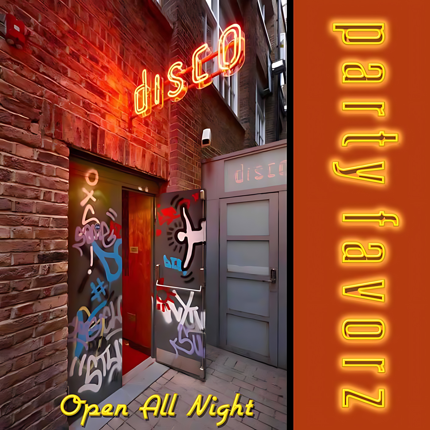 A narrow brick alley lit in warm red-orange light shows a glowing neon sign reading “disco” above an open metal door covered in colorful graffiti, with a vertical orange panel of yellow neon text at right; artwork for the Party Favorz episode “Funky House & Disco Mix: Open All Night (2016 Return).”.