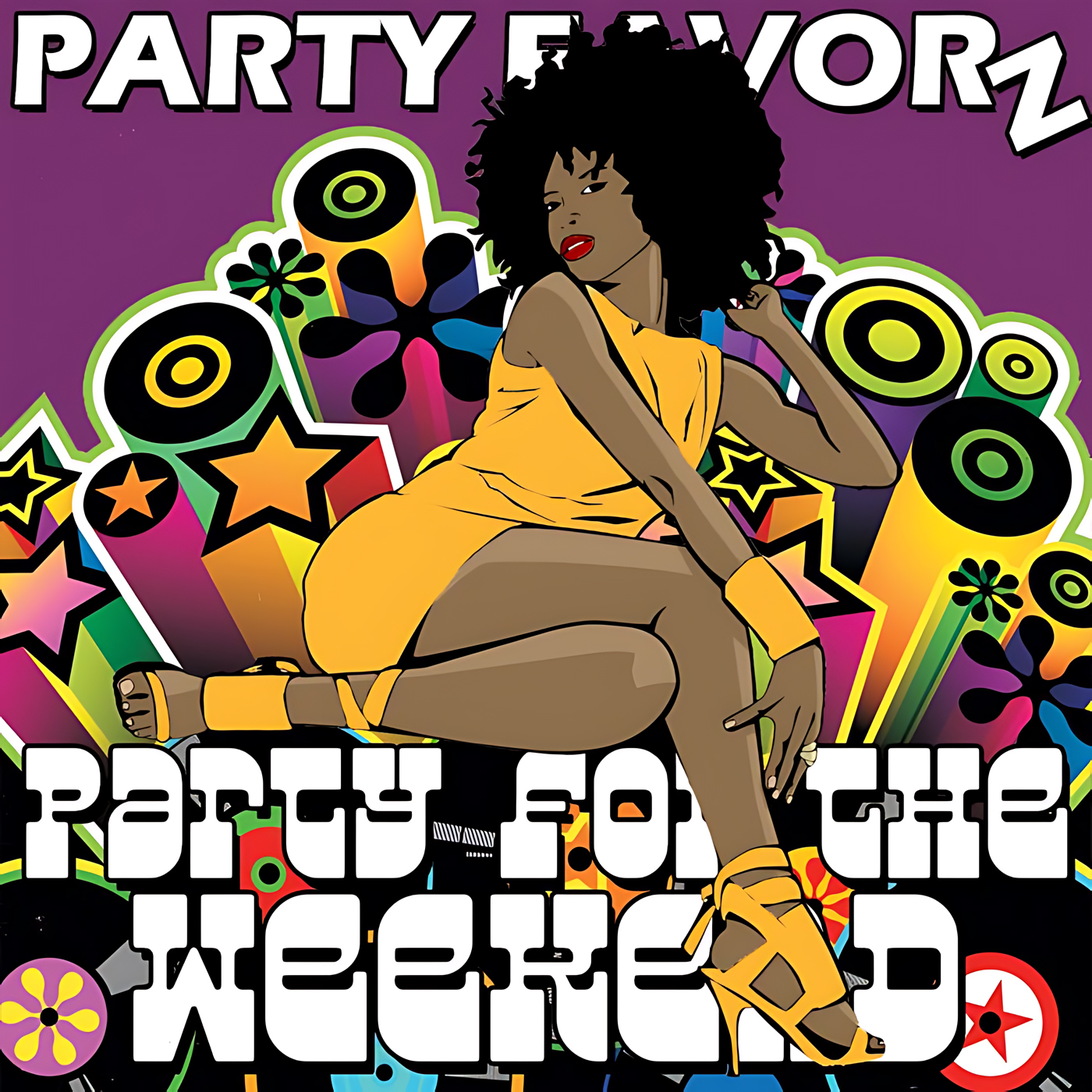 A stylized illustration of a woman with a large afro wearing a short yellow dress and matching high-heeled sandals, posed sitting and looking over her shoulder amid colorful retro speakers, stars and floral shapes on a purple background, artwork for the Party Favorz episode “Funky House & NuDisco: Party For The Weekend (2019).”.