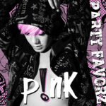 A high-contrast black-and-white portrait with bright pink accents shows a person with short pink bangs and a nose ring looking down beneath a patterned black hooded jacket, large white graffiti-style “P!NK” text across the chest and a pink dotted background, artwork for the Party Favorz episode “Diva Hall of Fame: P!nk (EDM House: The Diva Series 2.
