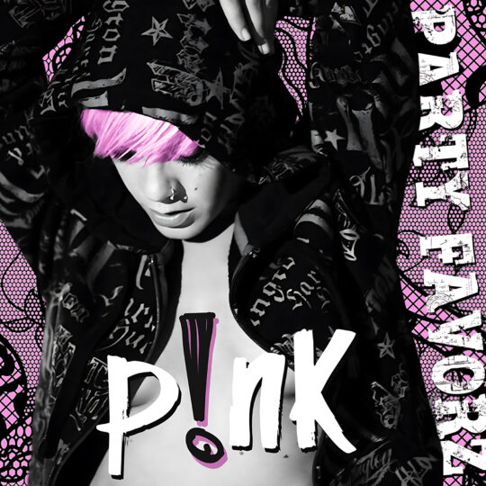 A high-contrast black-and-white portrait with bright pink accents shows a person with short pink bangs and a nose ring looking down beneath a patterned black hooded jacket, large white graffiti-style “P!NK” text across the chest and a pink dotted background, artwork for the Party Favorz episode “Diva Hall of Fame: P!nk (EDM House: The Diva Series 2.