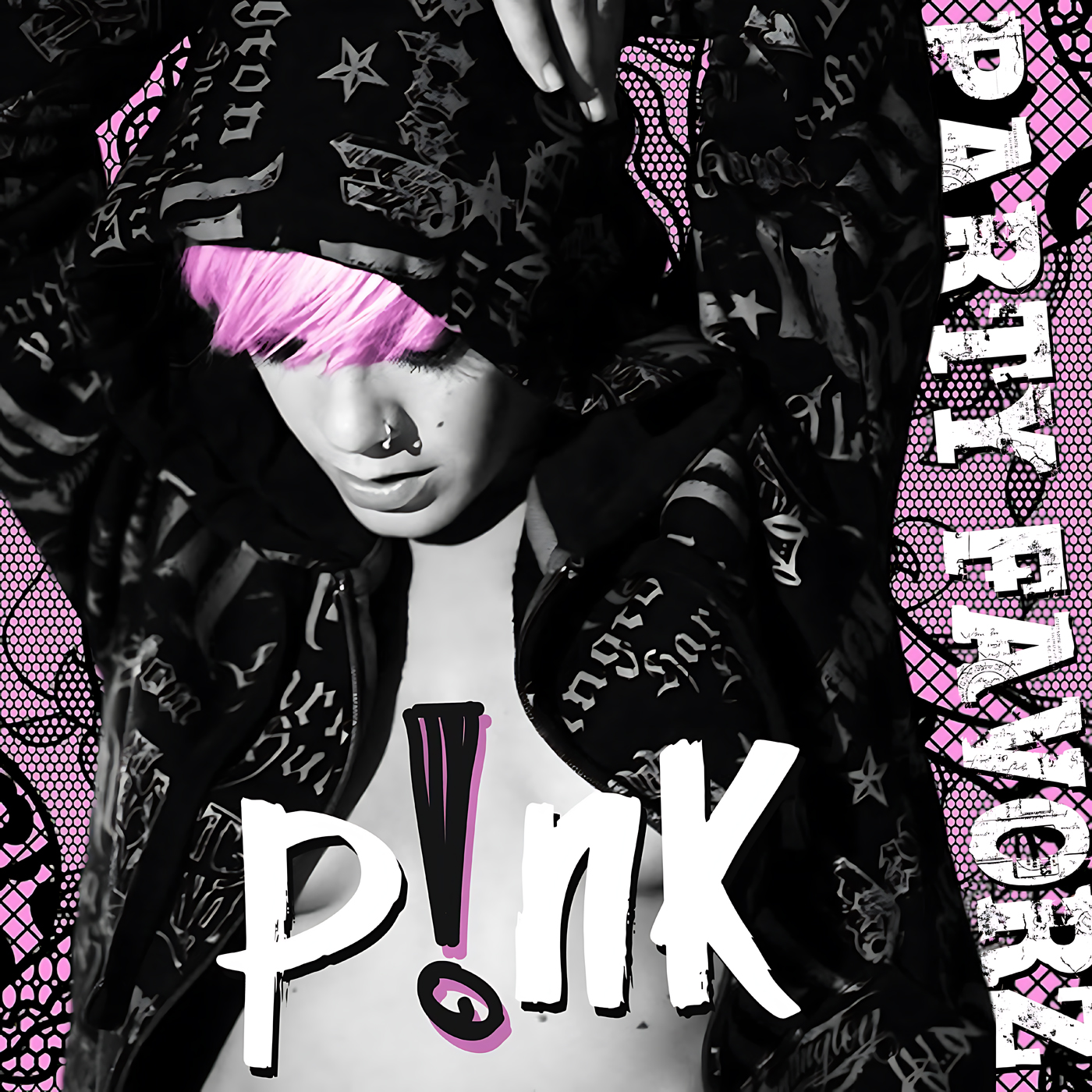 A high-contrast black-and-white portrait with bright pink accents shows a person with short pink bangs and a nose ring looking down beneath a patterned black hooded jacket, large white graffiti-style “P!NK” text across the chest and a pink dotted background, artwork for the Party Favorz episode “Diva Hall of Fame: P!nk (EDM House: The Diva Series 2.