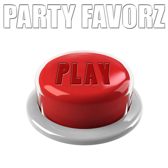 Bold, silver, embossed text reading “PARTY FAVORZ” spans the top on a white background, and below it a large glossy red round button labeled PLAY sits centered on a white circular base; artwork for the Party Favorz episode “EDM Club Fusion: Press Play Volume 1 (2013).”.
