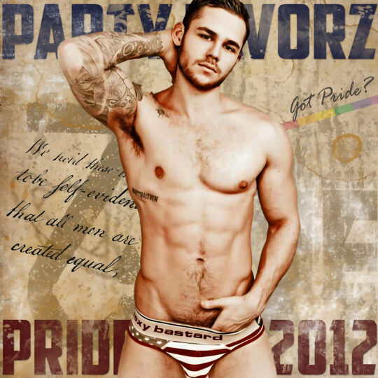 A stylized, grungy poster shows a shirtless young man posing with one hand behind his head, visible arm and chest tattoos, striped American-flag–style briefs, faded script and large distressed type in the background; artwork for the Party Favorz episode 'Circuit & Tribal Circuit Edition: Gay Pride 2012 Volume 3'.
