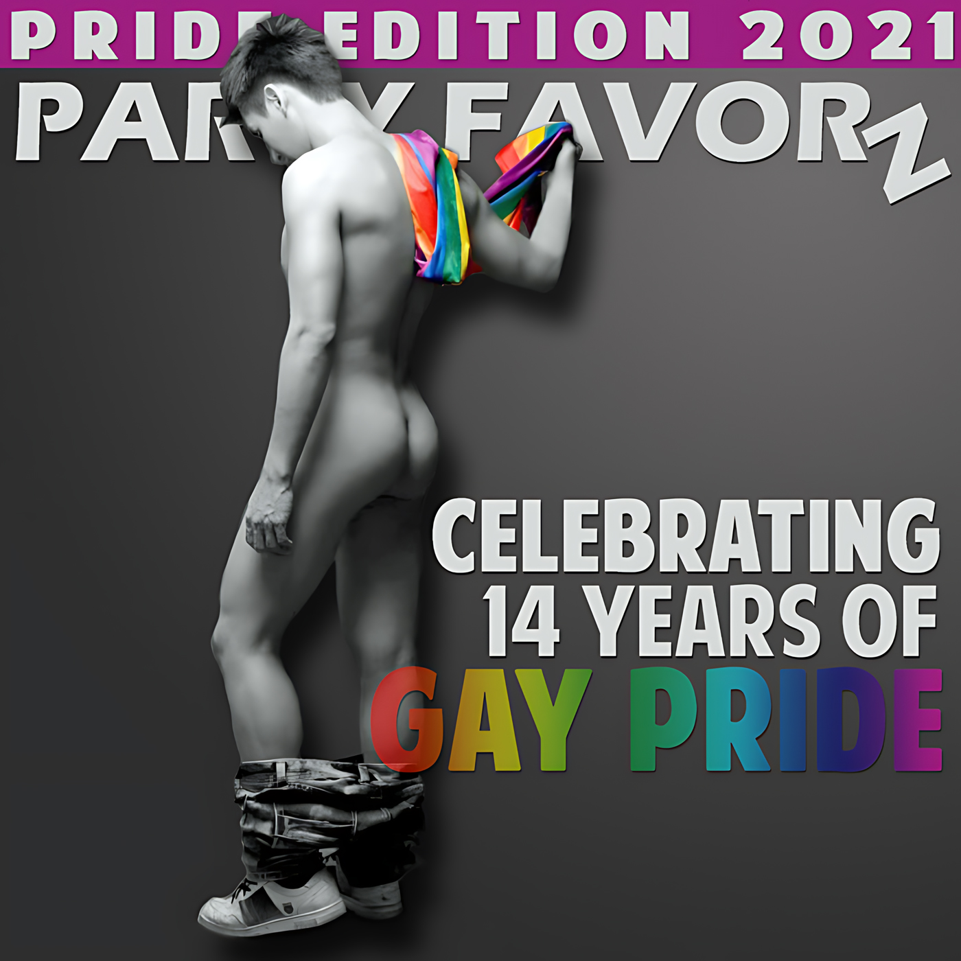 naked guy with jeans to his legs in sneaker with rainbow flag draped over shoulders